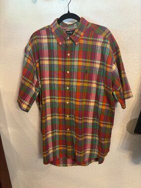 Vtg Polo Ralph Lauren Blake XL Madras Plaid Short Sleeve Shirt Preppy Office